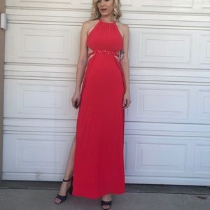 Stunning red beaded cutout prom evening dress
